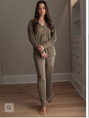 Waverles Pleats Please Pajama Lounge Set Pleated Long Sleeve in Sage Green